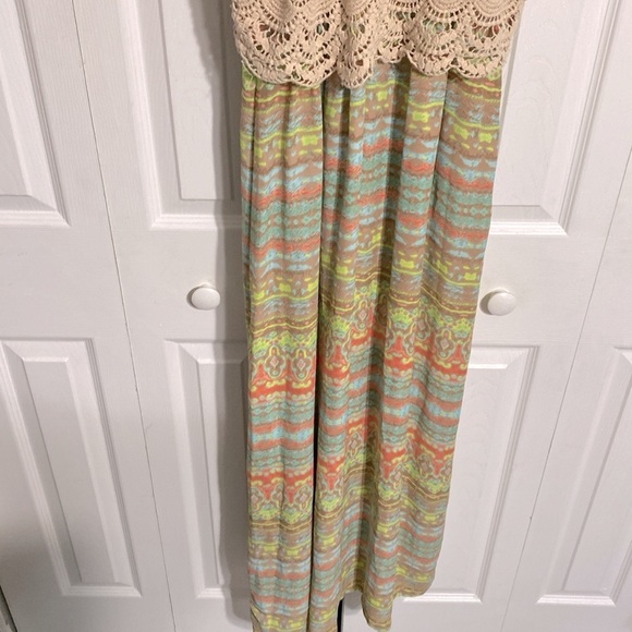 Kenji Crochet Boho Beach bohemian long Maxi Dress Blue Pink Yellow Size 12 - Picture 8 of 15